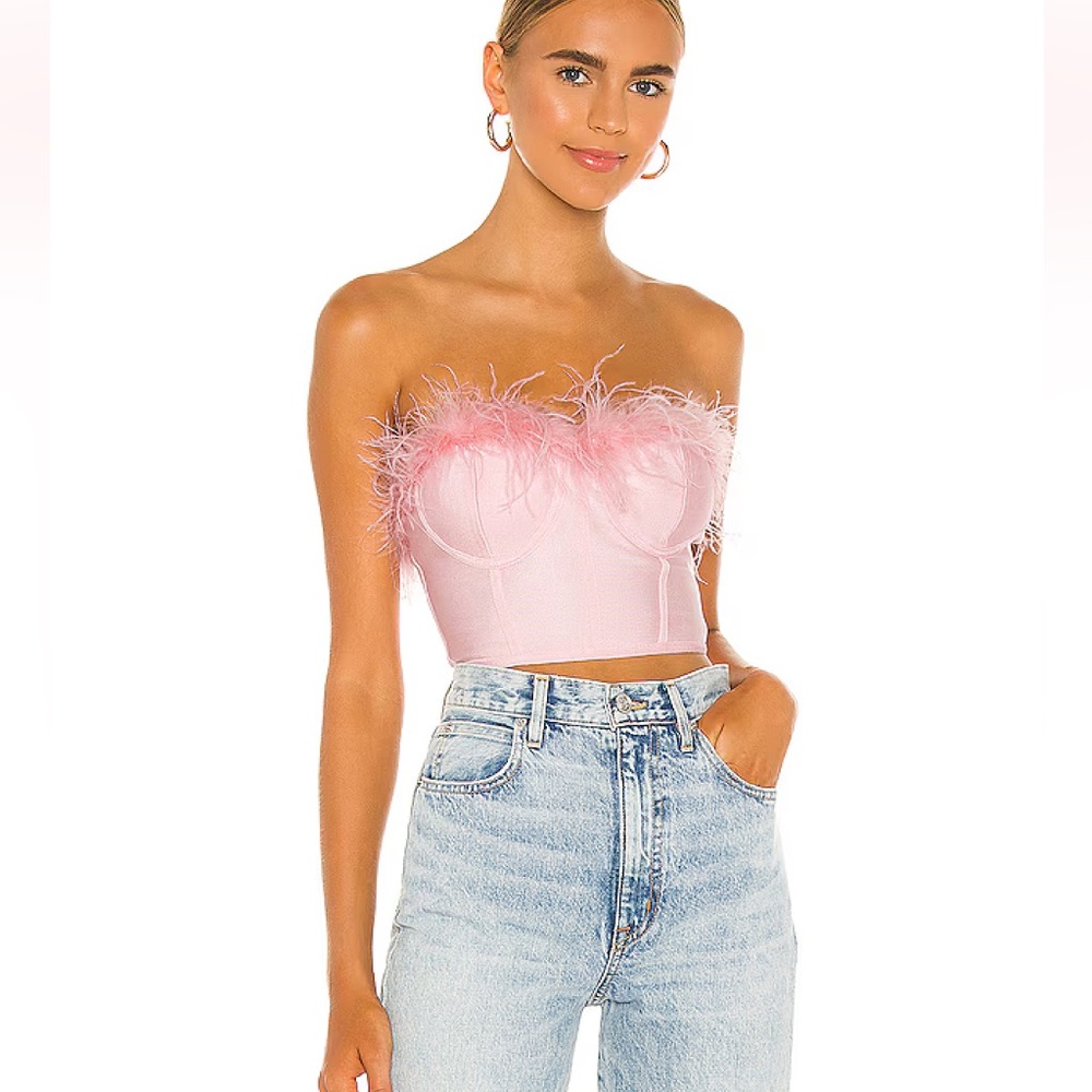 Strapless Pink Feather Trim Bustier Crop Top